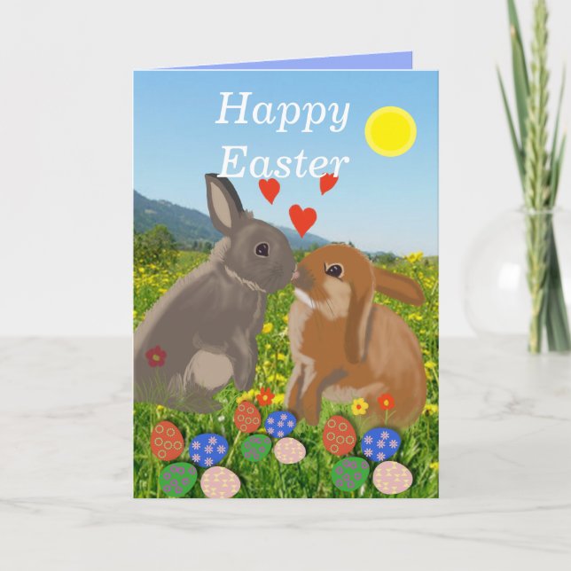 Cartes Pour Fêtes Annuelles Deux lapins qui s'embrassent dans une prairie fleu (Devant)