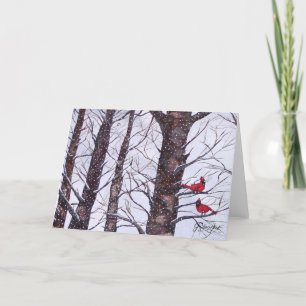 Cartes Pour Fêtes Annuelles Deux Oiseaux Rouges En Hiver