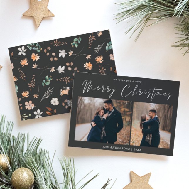 Cartes Pour Fêtes Annuelles Deux photos Noël, Aquarelle Botanique Florale (Créateur téléchargé)