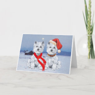 Cartes Pour Fêtes Annuelles Deux Westies jumeaux par une soirée hivernale