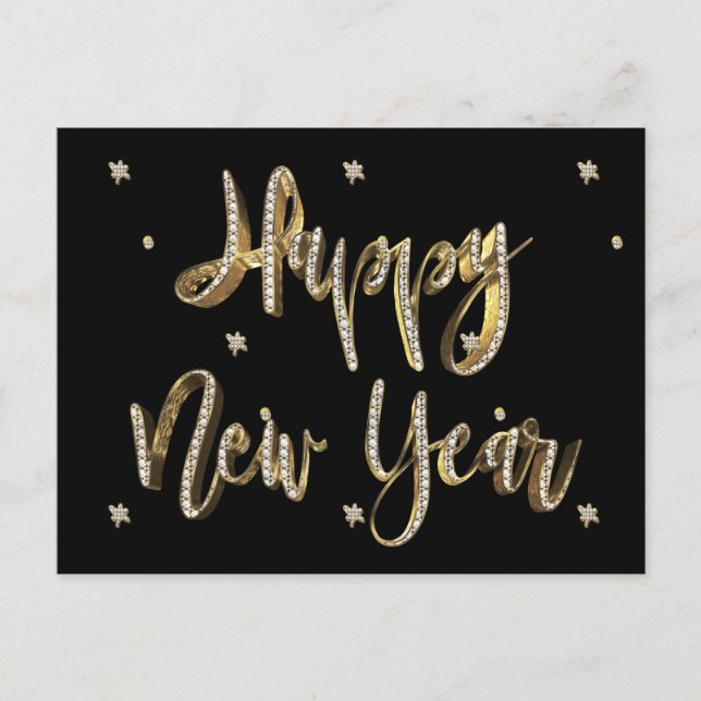 Cartes Pour Fêtes Annuelles Diamants blancs Gold Script noir Bonne année (Devant)