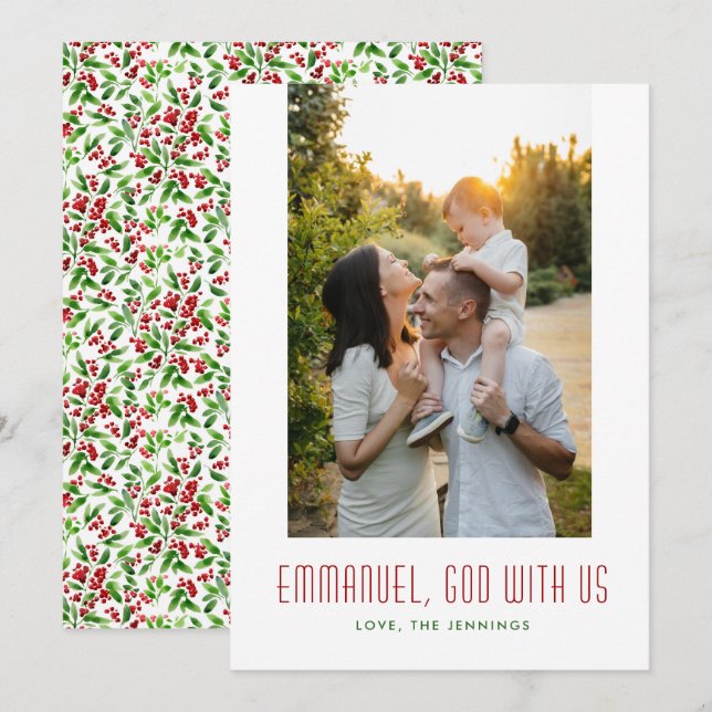 Cartes Pour Fêtes Annuelles Dieu avec nous photo religieuse rouge et verte (Devant / Derrière)