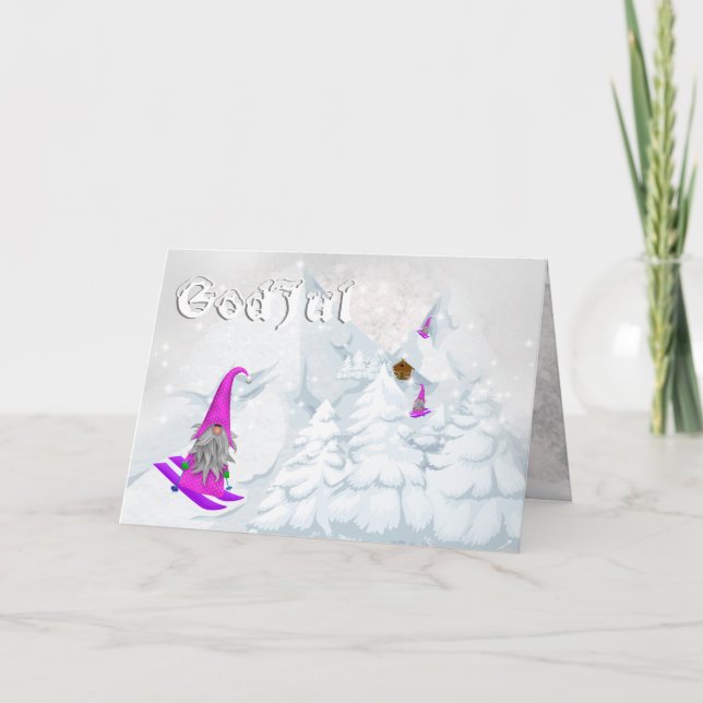 Cartes Pour Fêtes Annuelles Dieu jul tomte neige ski boisé suédois moderne (Devant)