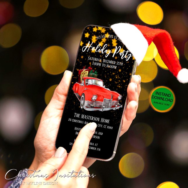 Cartes Pour Fêtes Annuelles Digital Gold Stars Père Noël Holiday Party Invitat (Créateur téléchargé)