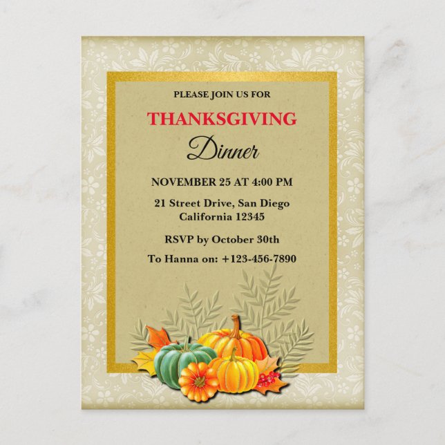 Cartes Pour Fêtes Annuelles Dîner bon thanksgiving Citrouille et Feuille (Devant)