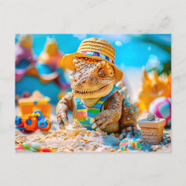 Cartes Pour Fêtes Annuelles Dino Bâtiment Sandcastle sur la plage
