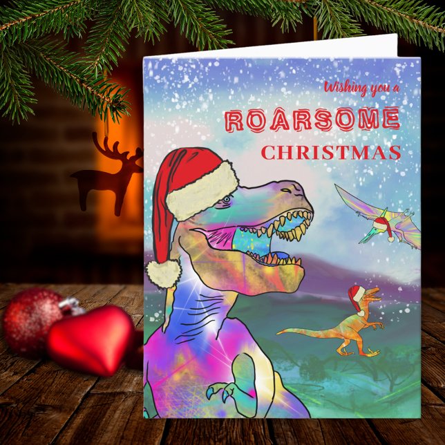 Cartes Pour Fêtes Annuelles Dinosaur Noël T-Rex Père Noël (Christmas Dinosaurs wearing Santa hats holiday greetings card)