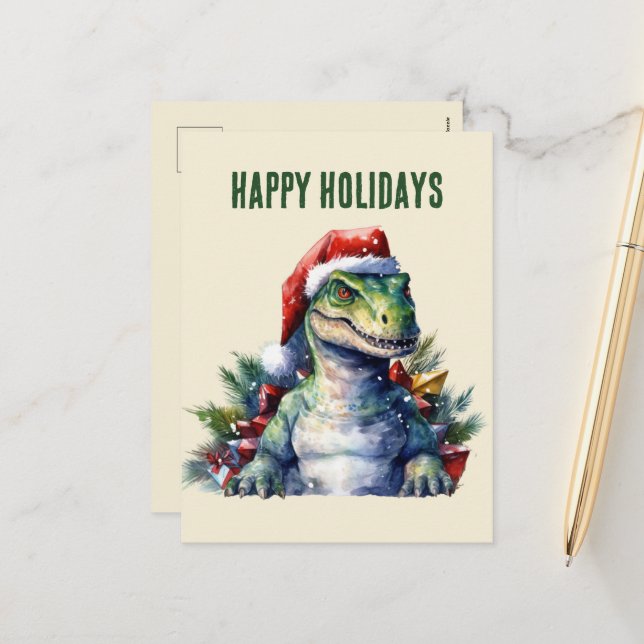 Cartes Pour Fêtes Annuelles Dinosaure aquarelle Noël Père Noël Holiday Postca (Devant/Arrière en situation)