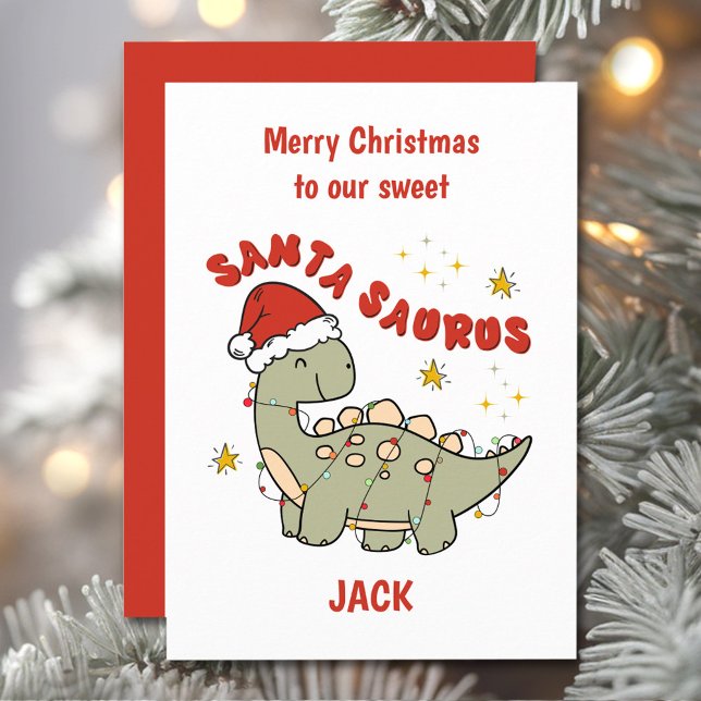 Cartes Pour Fêtes Annuelles Dinosaure de Noël Santasaurus Nom Garçon (Christmas Dinosaur Santasaurus Name Boy Holiday Card)