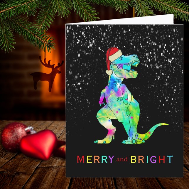 Cartes Pour Fêtes Annuelles Dinosaure de Noël T-Rex Joyeux et lumineux (Christmas dinosaur T-Rex merry and bright holiday greetings card)