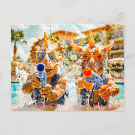 Cartes Pour Fêtes Annuelles Dinosaures Bataille d'eau sur la plage