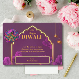 Cartes Pour Fêtes Annuelles Diwali Purple Gold Peacock Lamp Salutation