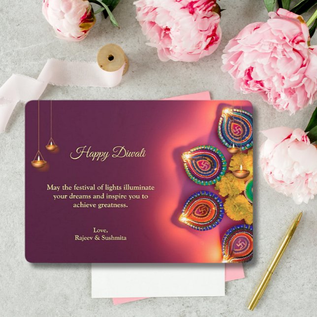 Cartes Pour Fêtes Annuelles Diwali Purple Golden Lamp Diyas Salutation (Créateur téléchargé)