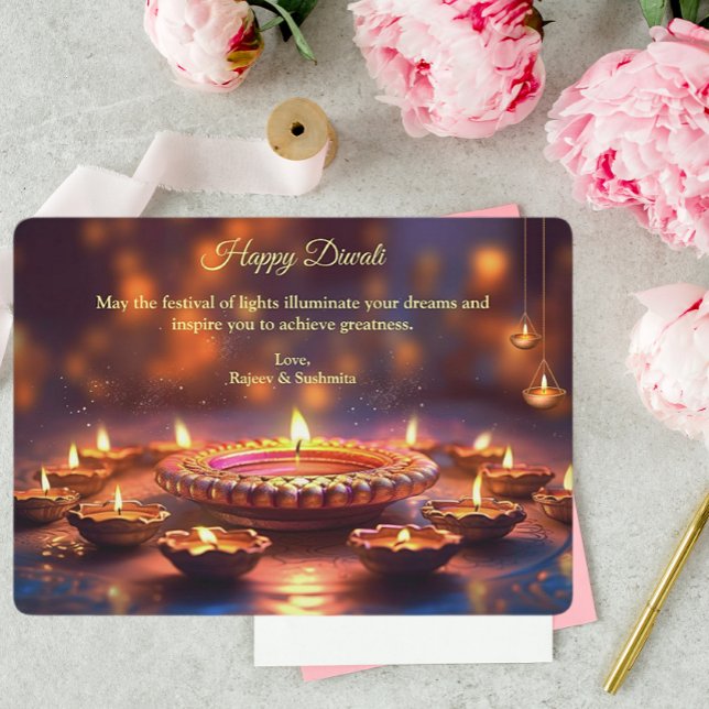 Cartes Pour Fêtes Annuelles Diwali Purple Golden Lamp Diyas Salutation (Créateur téléchargé)