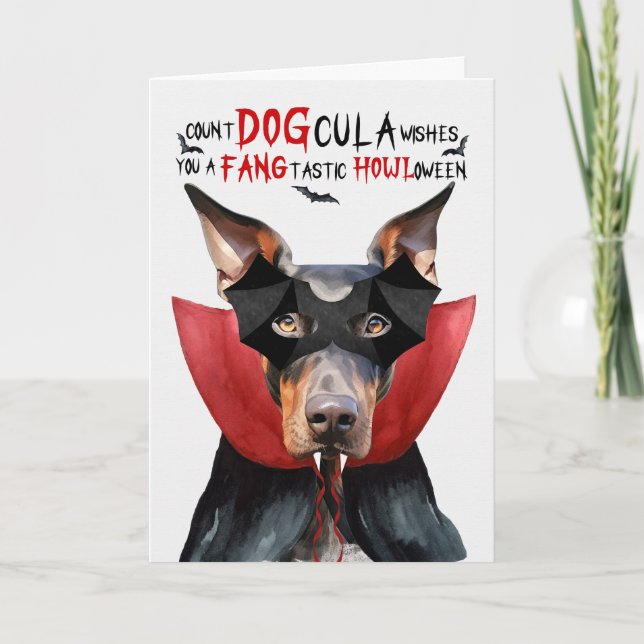 Cartes Pour Fêtes Annuelles Doberman Chien Drôle Drôle compte DOGcula Hallowee (Devant)