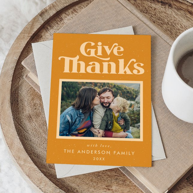 Cartes Pour Fêtes Annuelles Donnez Merci Orange Retro Thanksgiving Photo (Créateur téléchargé)