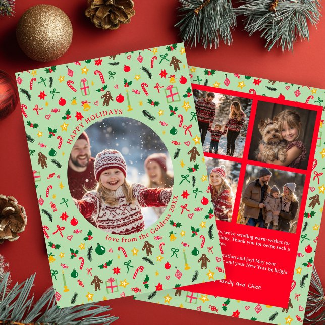 Cartes Pour Fêtes Annuelles Doodle Whimsical Christmas Custom 5 Photo Collage (Whimsical Doodle Christmas Hand-Drawn pattern Custom 5 Photo Collage Holiday Card
)