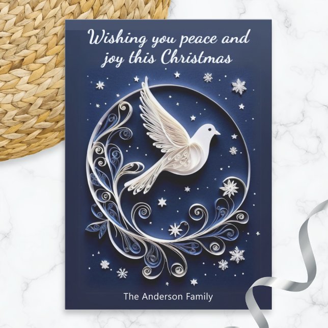 Cartes Pour Fêtes Annuelles Dove de la Paix Elégant Faux Papercraft Noël (An elegant Christmas card, featuring a dove of peace picture with a papercraft appearance)