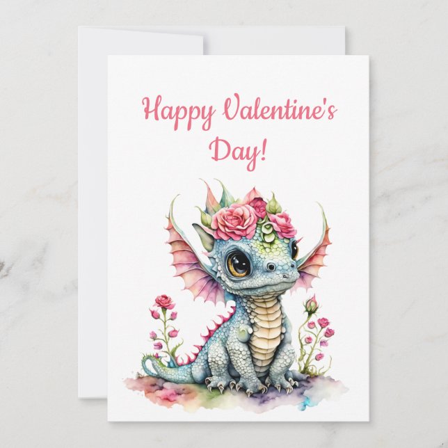 Cartes Pour Fêtes Annuelles Dragon Bébé Cute Avec Coeurs Floral Valentine (Devant)