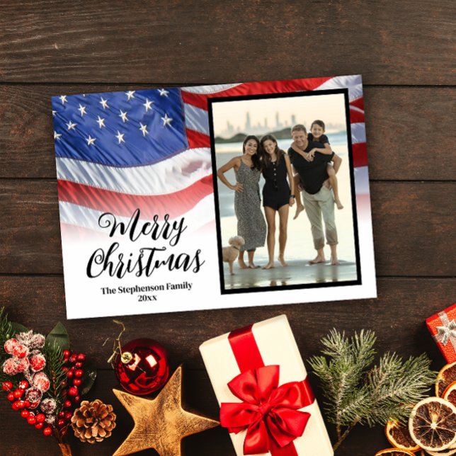 Cartes Pour Fêtes Annuelles Drapeau américain agitant patriotique Photo de Noë (patriotic american flag merry christmas photo card)