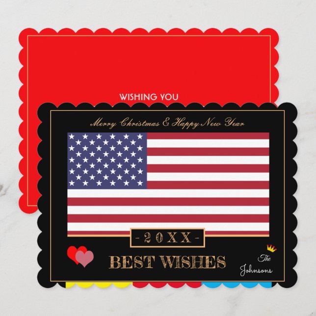 Cartes Pour Fêtes Annuelles Drapeau américain & Bonne année /Meilleurs voeux U (Devant / Derrière)