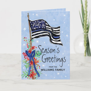 Cartes Pour Fêtes Annuelles Drapeau de la ligne mince bleue de la police Joyeu