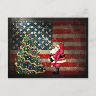 Cartes Pour Fêtes Annuelles Drapeau patriotique américain, Père Noël et sapin 