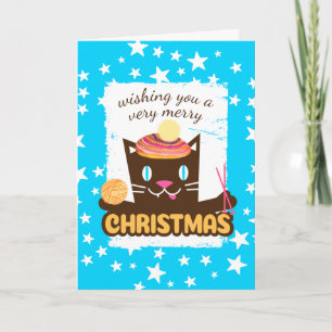 Cartes Pour Fêtes Annuelles Drôle chat Noël casquette tricot aiguilles tricote