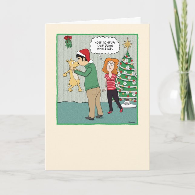 Cartes Pour Fêtes Annuelles Drôle chien sous Mistletoe Noël (Devant)