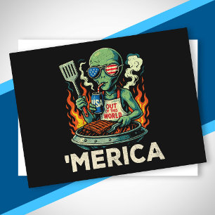 Cartes Pour Fêtes Annuelles Drôle d'Amérique Alien BBQ Grillade Patriotique Ré