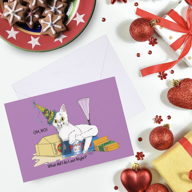 Cartes Pour Fêtes Annuelles Drôle de Lendemain de Nouvel An Chat Blanc (Créateur téléchargé)