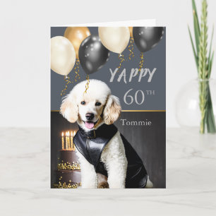 Cartes Pour Fêtes Annuelles Drôle Joyeux 60e Anniversaire Poodle blanc en cuir