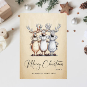 Cartes Pour Fêtes Annuelles Drôle Main dessinée Reindeers de Noël Entreprise