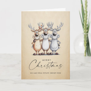 Cartes Pour Fêtes Annuelles Drôle Main dessinée Reindeers de Noël Entreprise