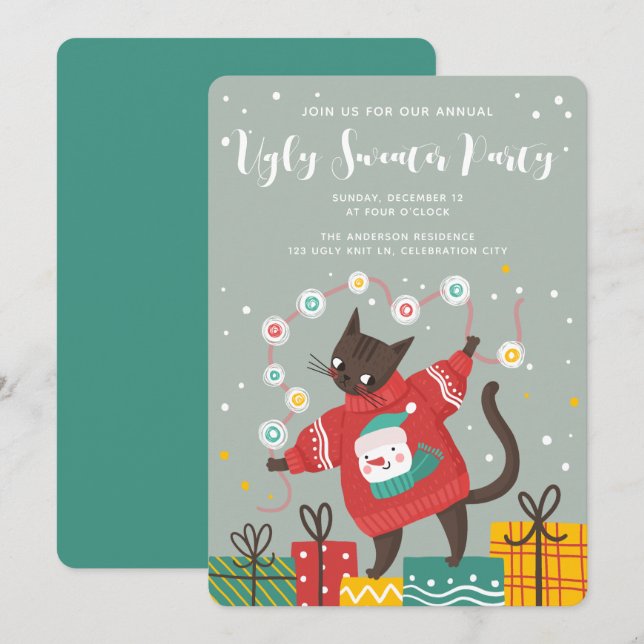 Cartes Pour Fêtes Annuelles Drôle mignon chat laide fête de Noël (Devant / Derrière)