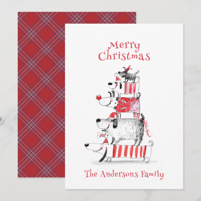 Cartes Pour Fêtes Annuelles Drôle mignon Chiens Festifs Red Plaid Joyeux Noël (Devant / Derrière)