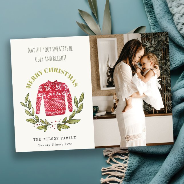 Cartes Pour Fêtes Annuelles Drôle mignon Doux moche Rouge Vert Photo Noël (Créateur téléchargé)
