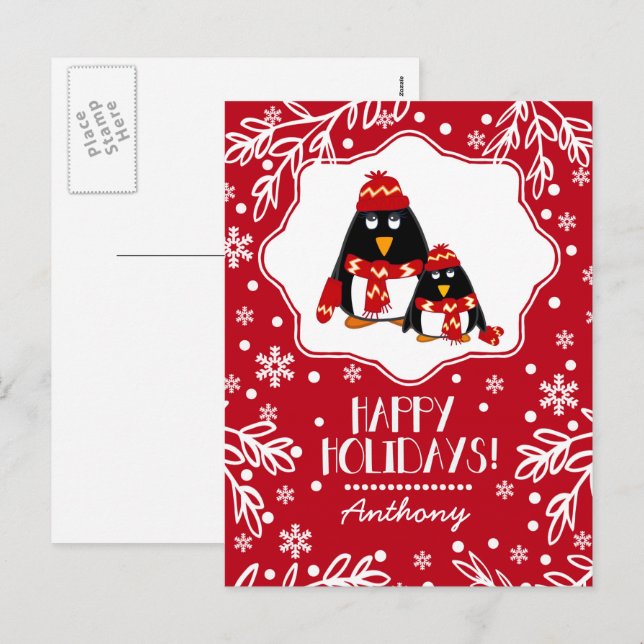 Cartes Pour Fêtes Annuelles Drôle Petits Pingouins | Nom personnalisé Noël (Devant / Derrière)