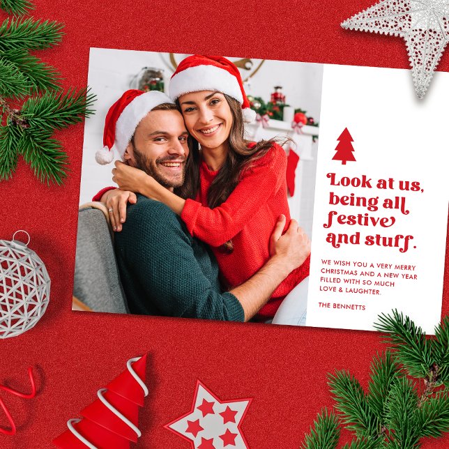 Cartes Pour Fêtes Annuelles Drôle Regardez-nous Photo de Noël | Rouge (Créateur téléchargé)