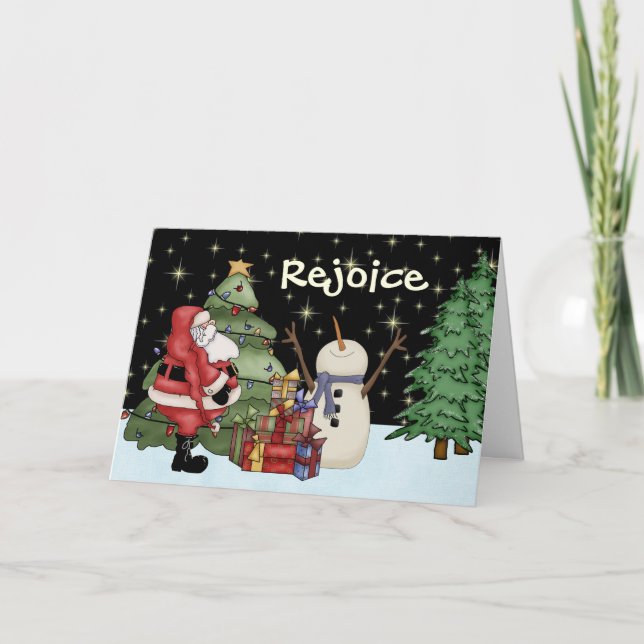 Cartes Pour Fêtes Annuelles Drôle Rejoice Snowman, Père Noël et cadeaux Noël (Devant)