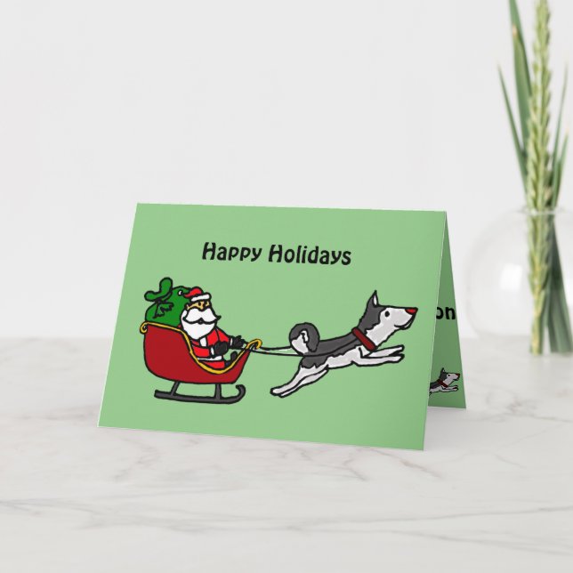 Cartes Pour Fêtes Annuelles Drôle Sleigh de Noël avec Husky Dog Pulling (Devant)