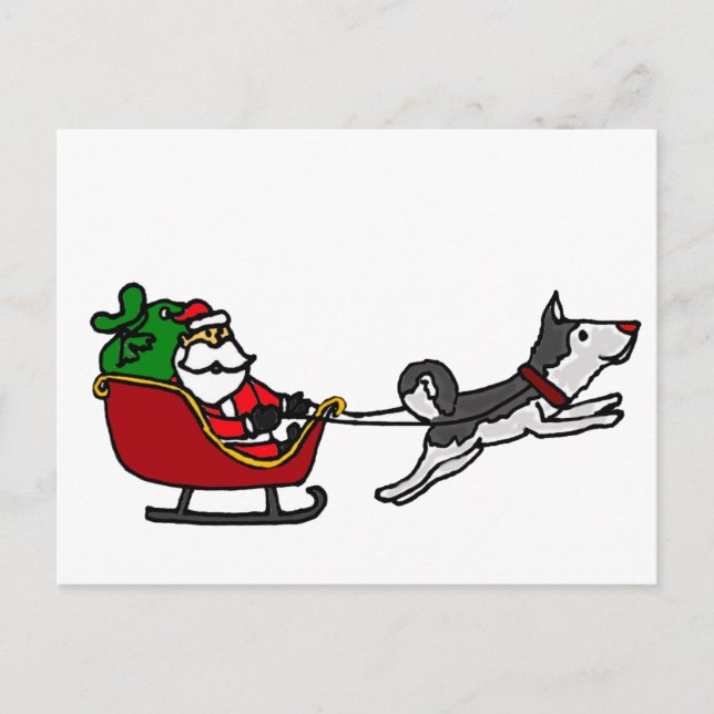 Cartes Pour Fêtes Annuelles Drôle Sleigh de Noël avec Husky Dog Pulling (Devant)