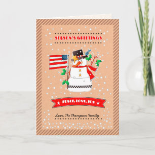 Cartes Pour Fêtes Annuelles Drôle Snowman avec drapeau américain. Noël