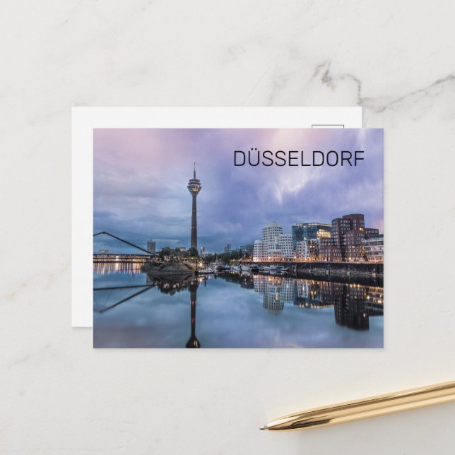 Cartes Pour Fêtes Annuelles Dusseldorf Skyline Allemagne Holiday Sunset Souven (Devant/Arrière en situation)