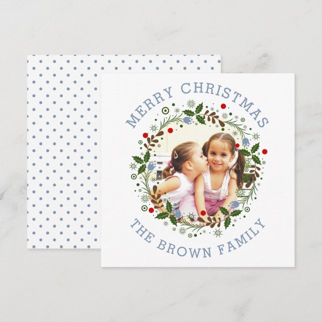 Cartes Pour Fêtes Annuelles Dusty bleu Joyeux Noël, couronne florale photo (Devant / Derrière)