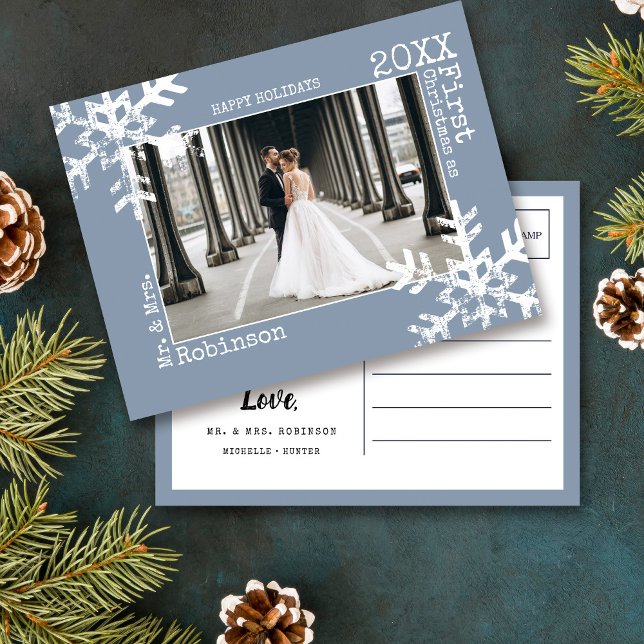 Cartes Pour Fêtes Annuelles Dusty Blue Newlysée 1er Noël Photo Snowflake (Rustic snowflake newlywed holiday keepsake photo ornament perfect for gifts to bring joy to others.)