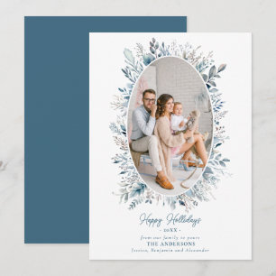 Cartes Pour Fêtes Annuelles Dusty Blue Winter Foliage Wreath Family Photo Chic