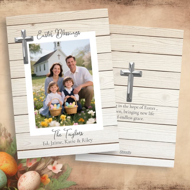 Cartes Pour Fêtes Annuelles Easter Blessings Rustic Wood Personalized Photo    (Créateur téléchargé)