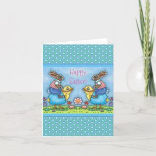 CARTES POUR FÊTES ANNUELLES EASTER BUNNY ÉQUITATION CUTE POULET EN OEUF BLEU,