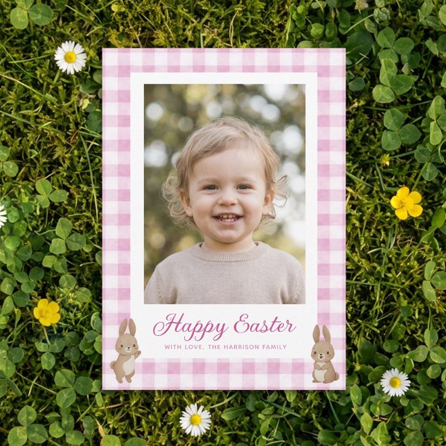Cartes Pour Fêtes Annuelles Easter Bunny Pink Gingham Photo (Créateur téléchargé)